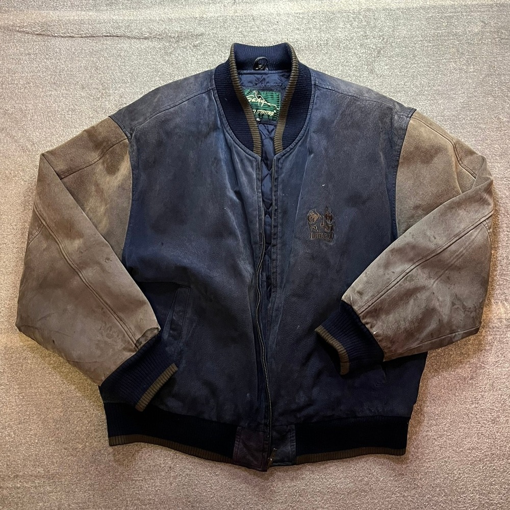 Sahara First String Vintage Leather Suede Bomber Jacket Navy Tan XL Retro